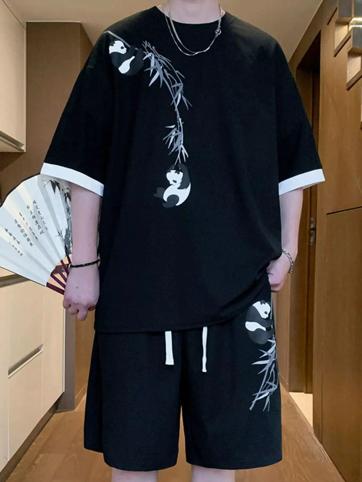 Men's Full Size Panda Bamboo Print Tee and Shorts Set Plus Size by Trendsi
