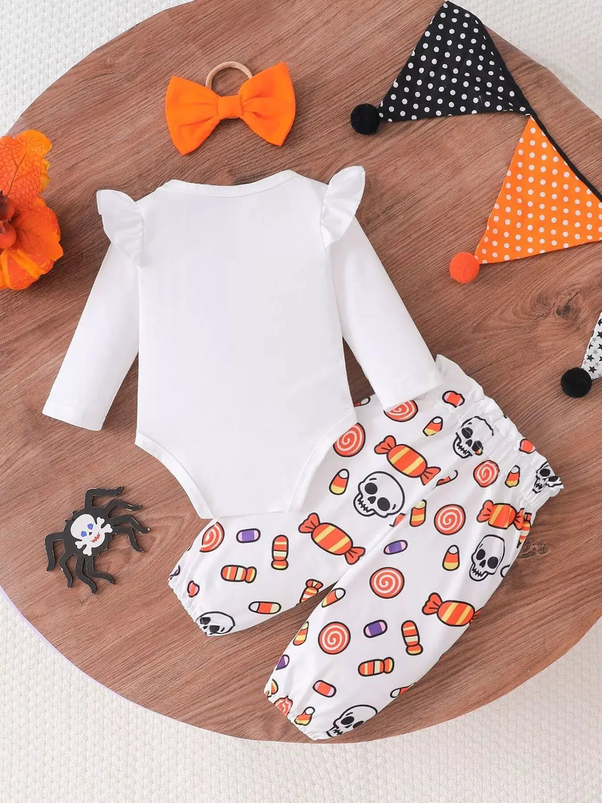 Children's Halloween Skull Print Long Sleeve Bodysuit and Pants Set with Bow Headband by Trendsi