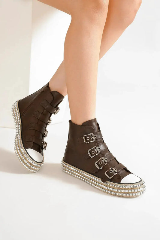Beast Fashion Multi-Buckle Straps Studded Platform Sneakers by Beast Fashion
