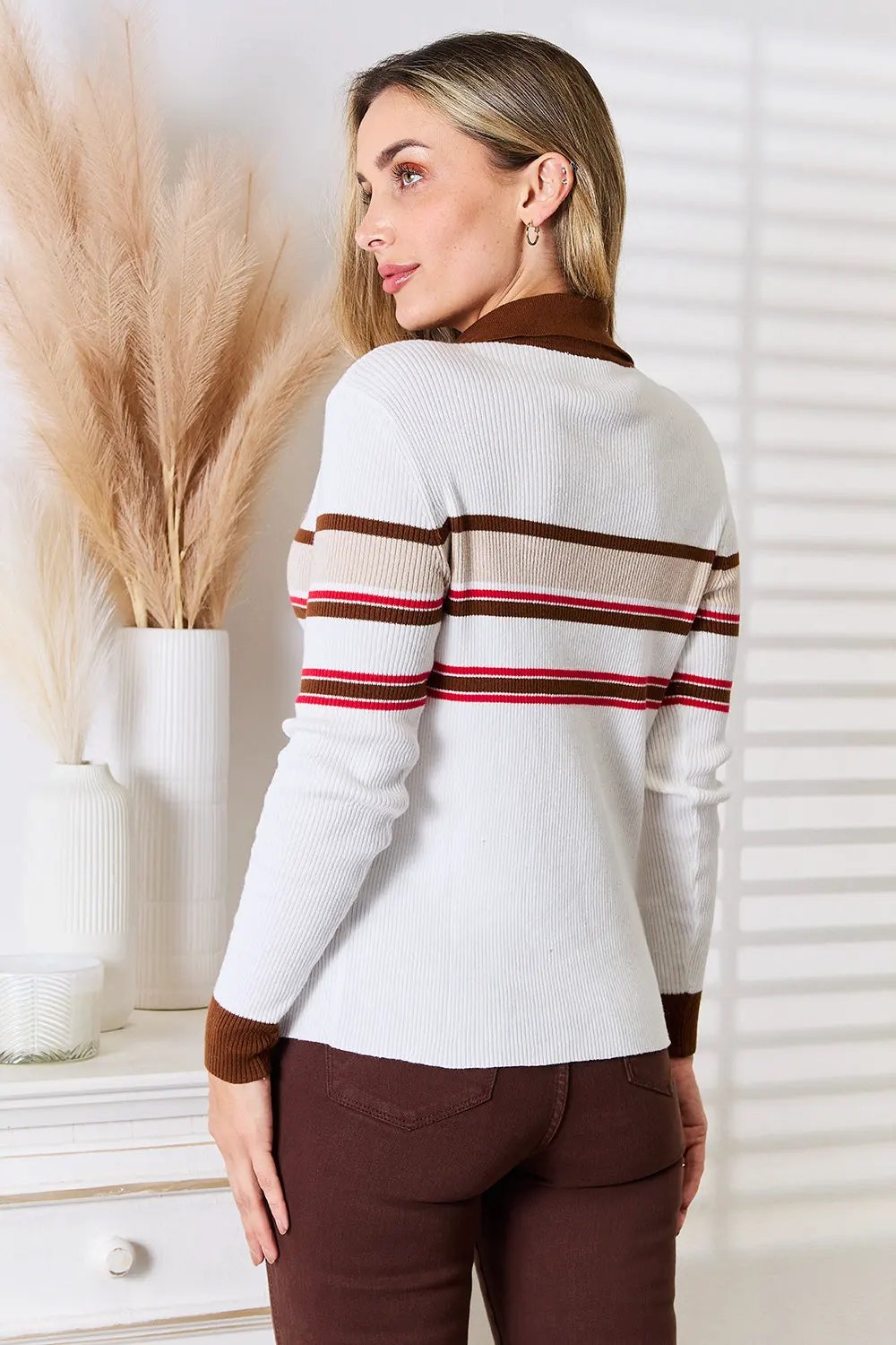 Basic Bae Striped Collared Neck Rib-Knit Top by Basic Bae