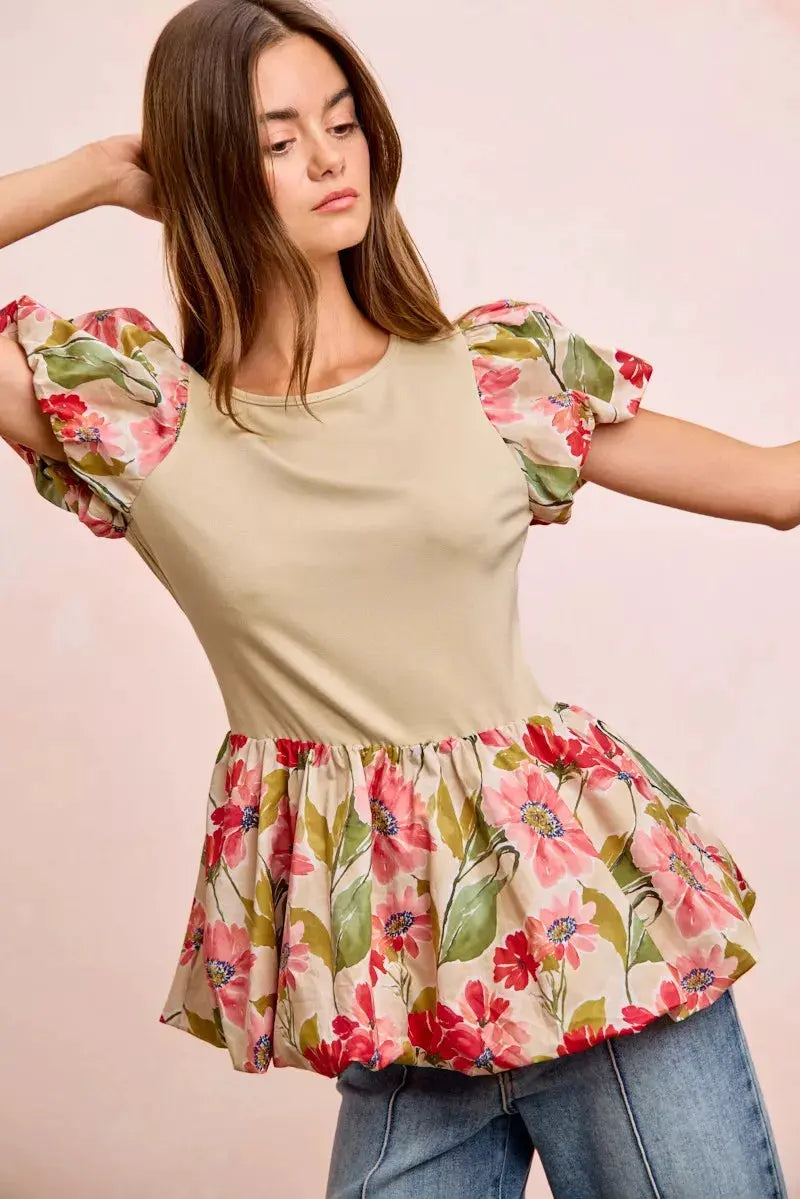 BiBi Floral Printed Bubble Sleeves and Hem Peplum Top by BiBi