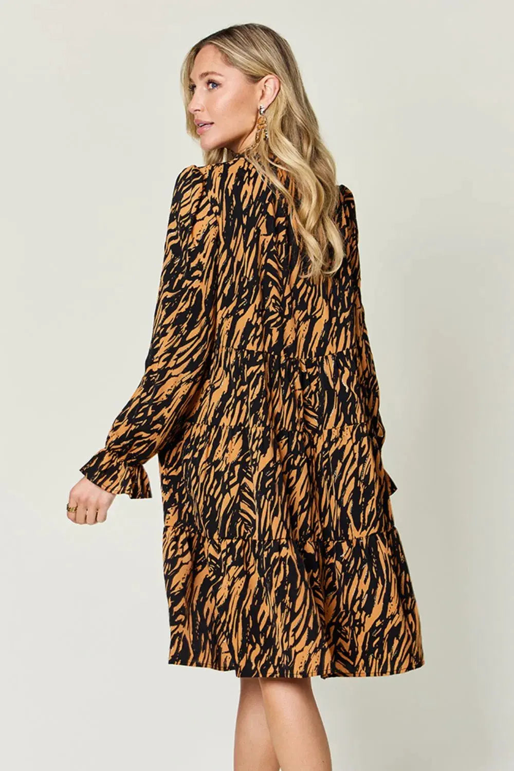 Double Take Full Size Printed Ruffle Hem Long Sleeve Dress by Double Take