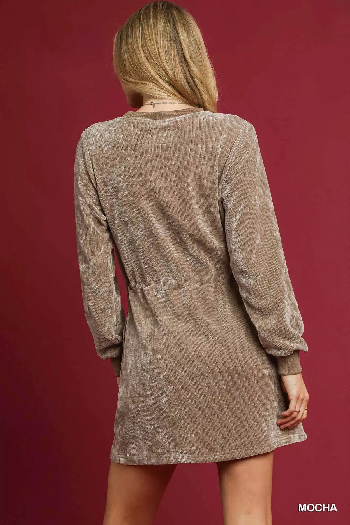 Umgee Velour Drawstring Mini Dress with Long Sleeves by Umgee