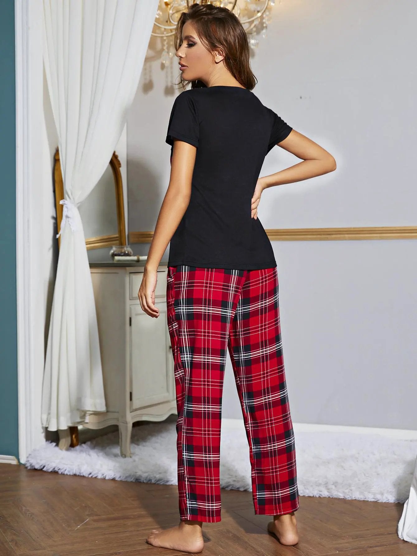 Heart Graphic V-Neck Top and Plaid Pants Lounge Set by Partner Label
