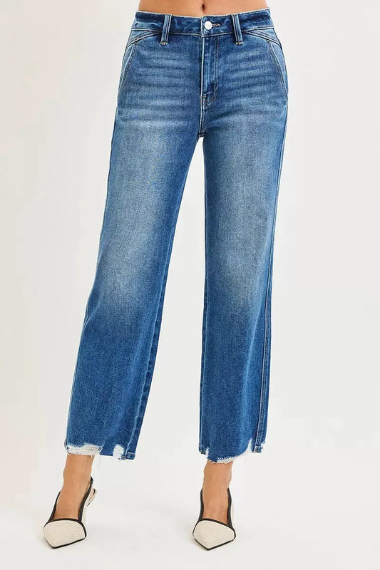 RISEN High Rise Ankle Straight Distressed Hem Detail Jeans by RISEN