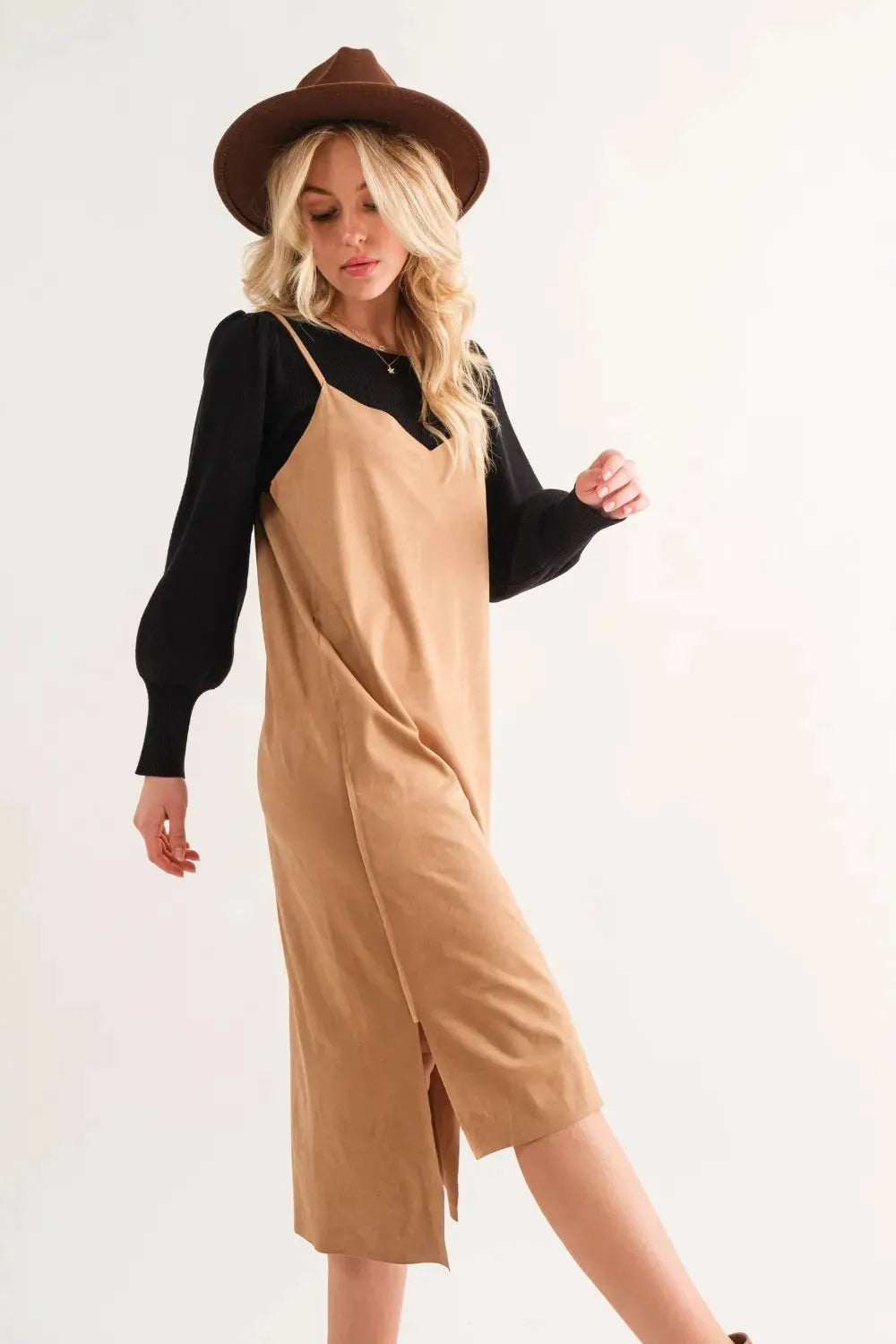 And The Why Faux Suede Cut Edge Slit Cami Midi Dress by And The Why