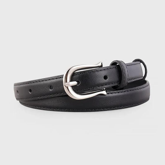 Leather Skinny Belt with Silver Buckle by Trendsi