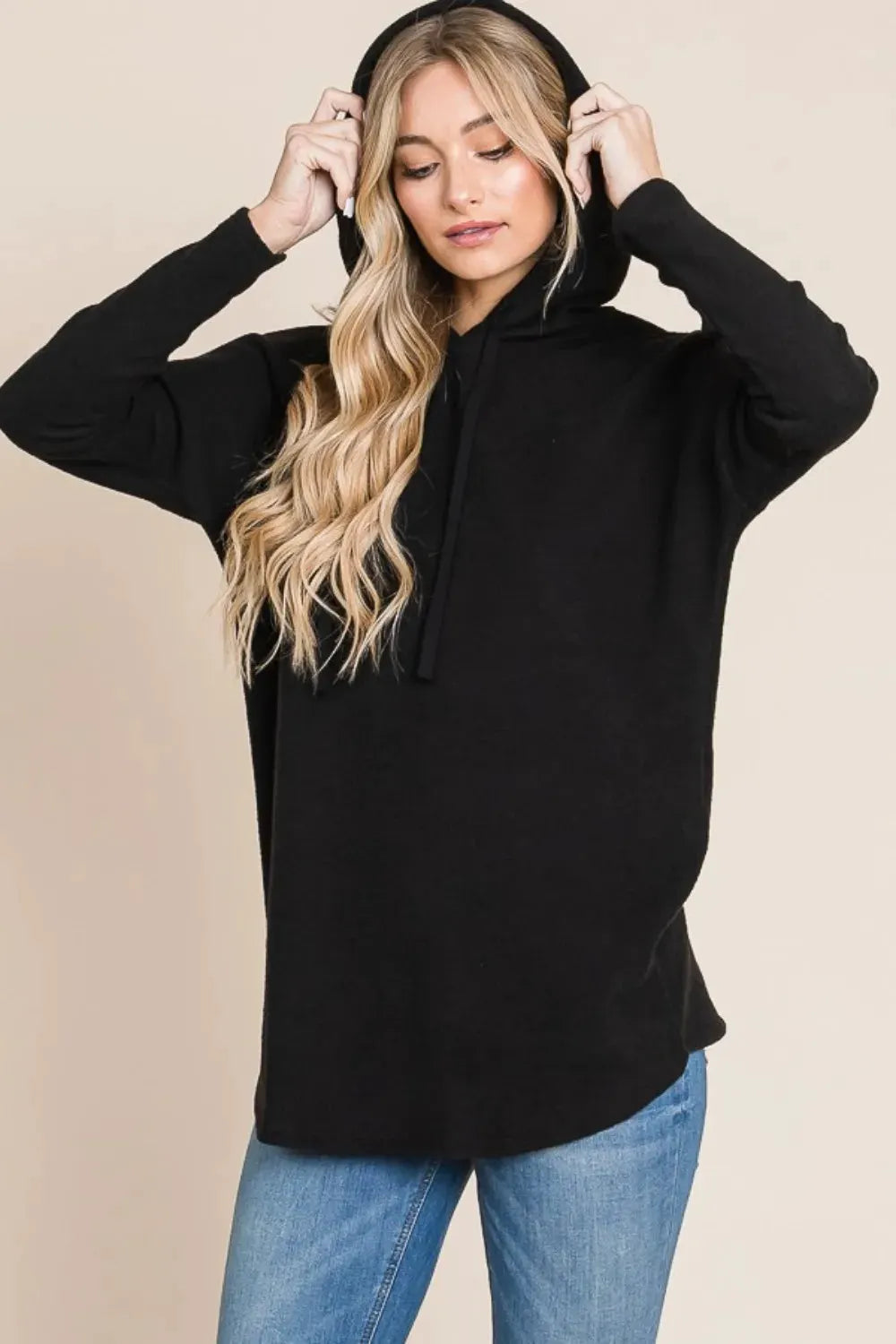 BOMBOM Contrast Drawstring Drop Shoulder Knit Hoodie by BOMBOM