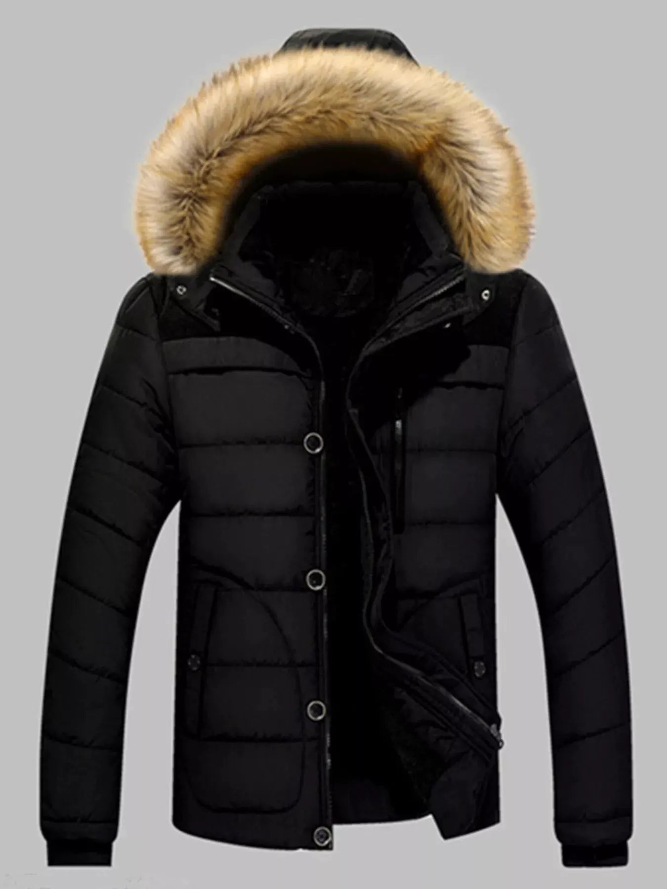 Men's Plus Size Padded Fur Hood Puffer Jacket by Partner Label
