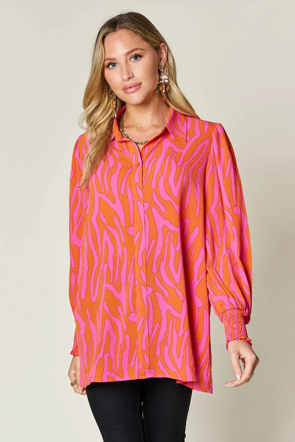 Double Take Full Size Printed Smocked Long Sleeve Blouse Plus Size by Double Take