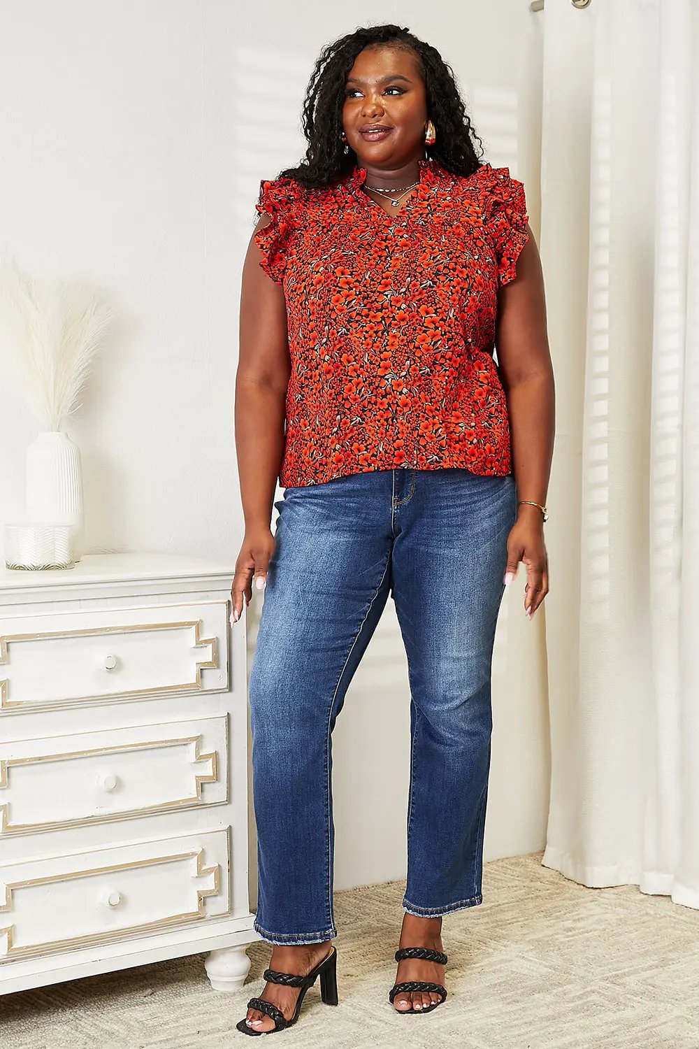 Double Take Floral Flutter Sleeve Notched Neck Blouse by Double Take