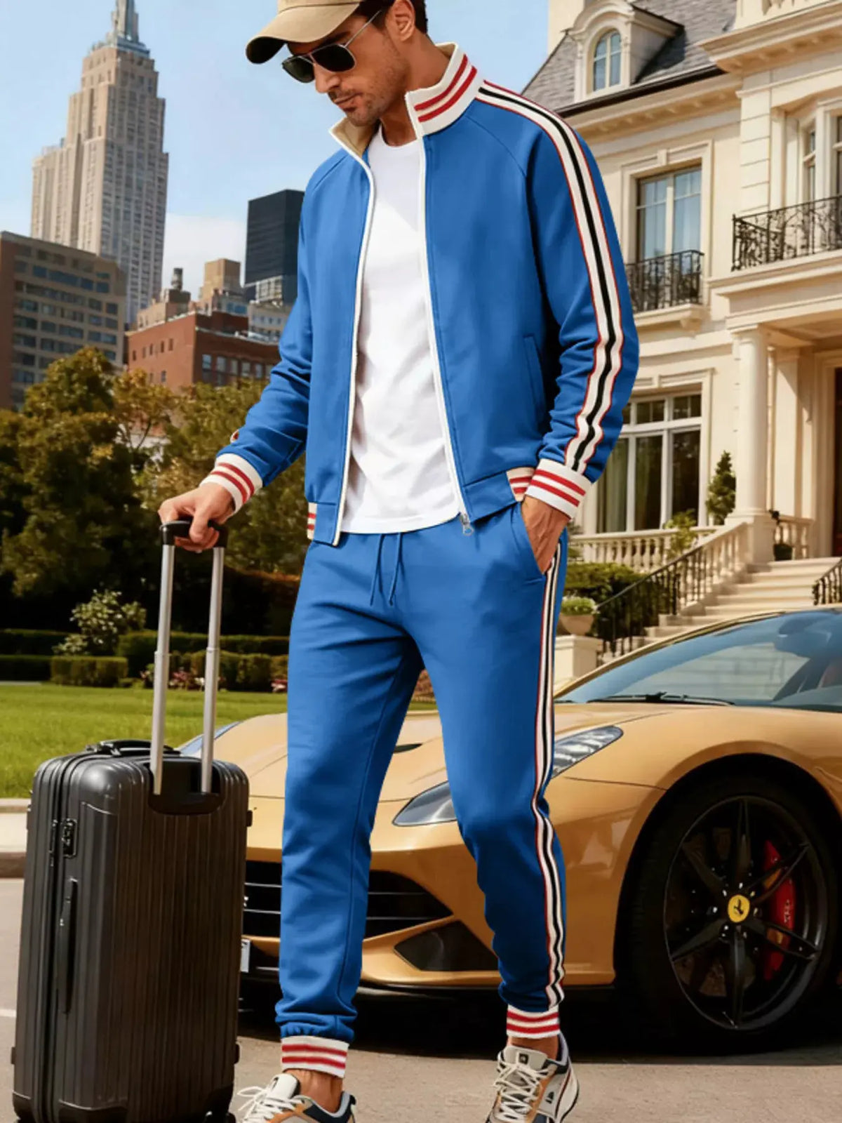 Men's Full Size Striped Zip Up Outerwear and Pants Plus Size by Partner Label