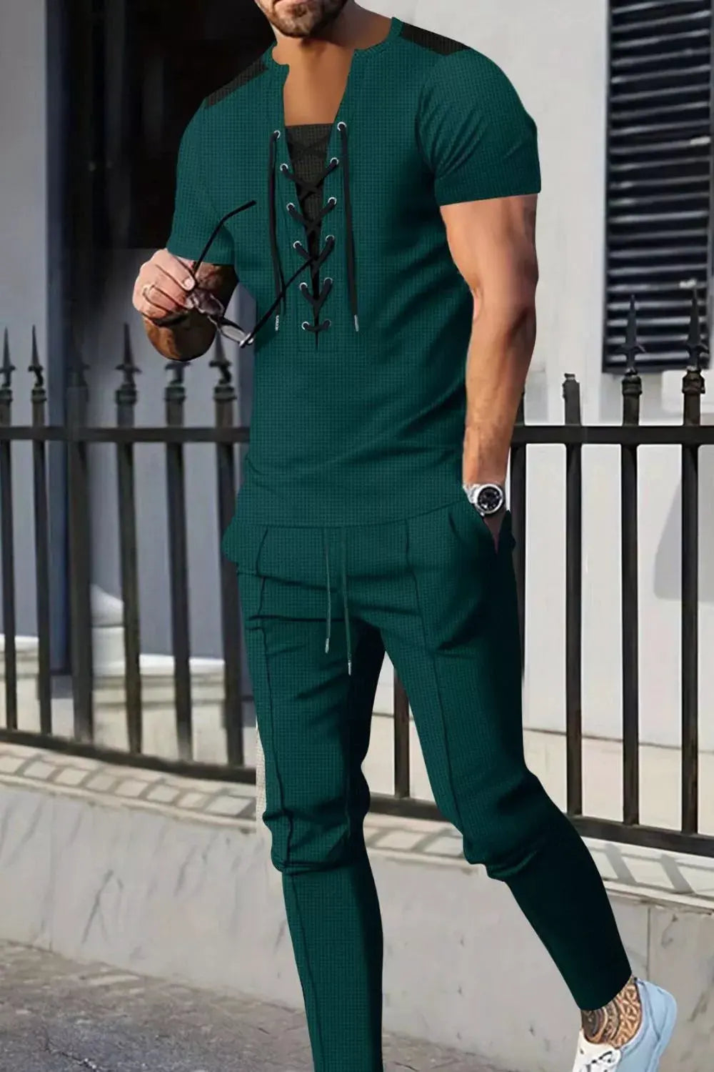 Men's Full Size Lace-Up Front Top and Pants Casual Set Plus Size by Trendsi