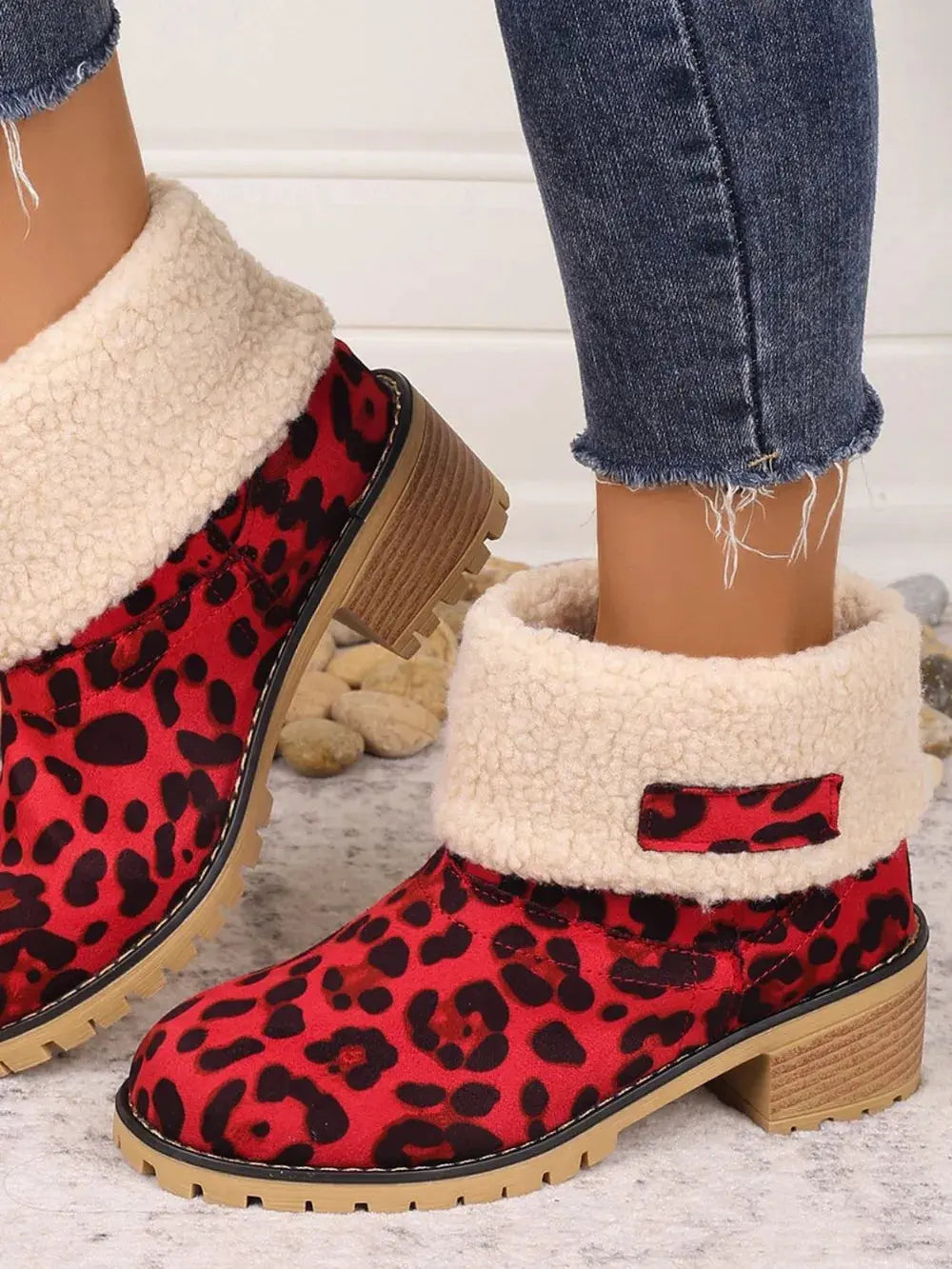 Leopard Block Heel Fuzzy Boots by Partner Label
