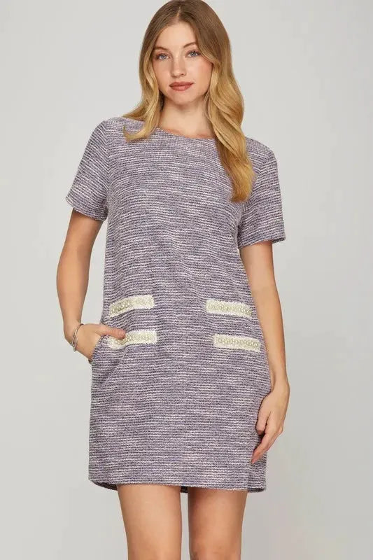 She + Sky Full Size Short Sleeve Pearl Studded Trim Knit Tweed Dress Plus Size by She + Sky