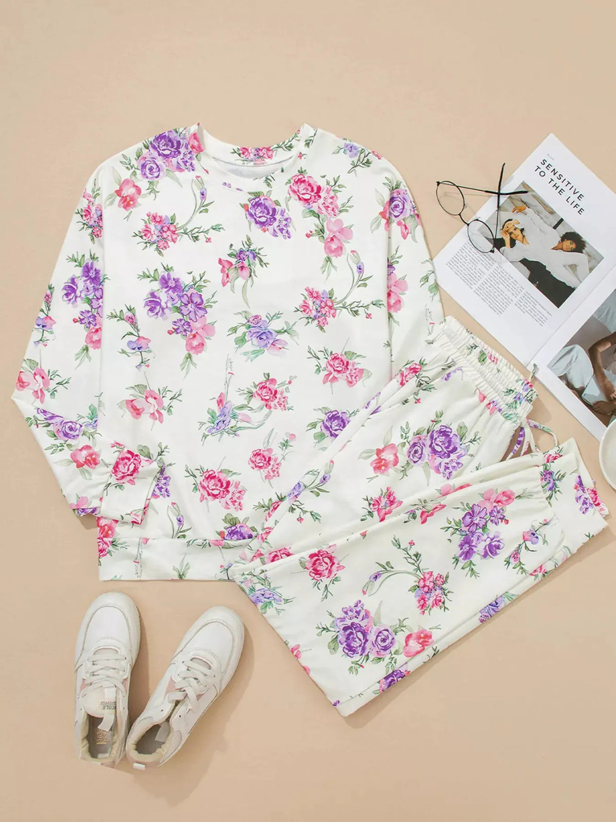 Floral Print Round Neck Top and Drawstring Pants Lounge Set by Partner Label