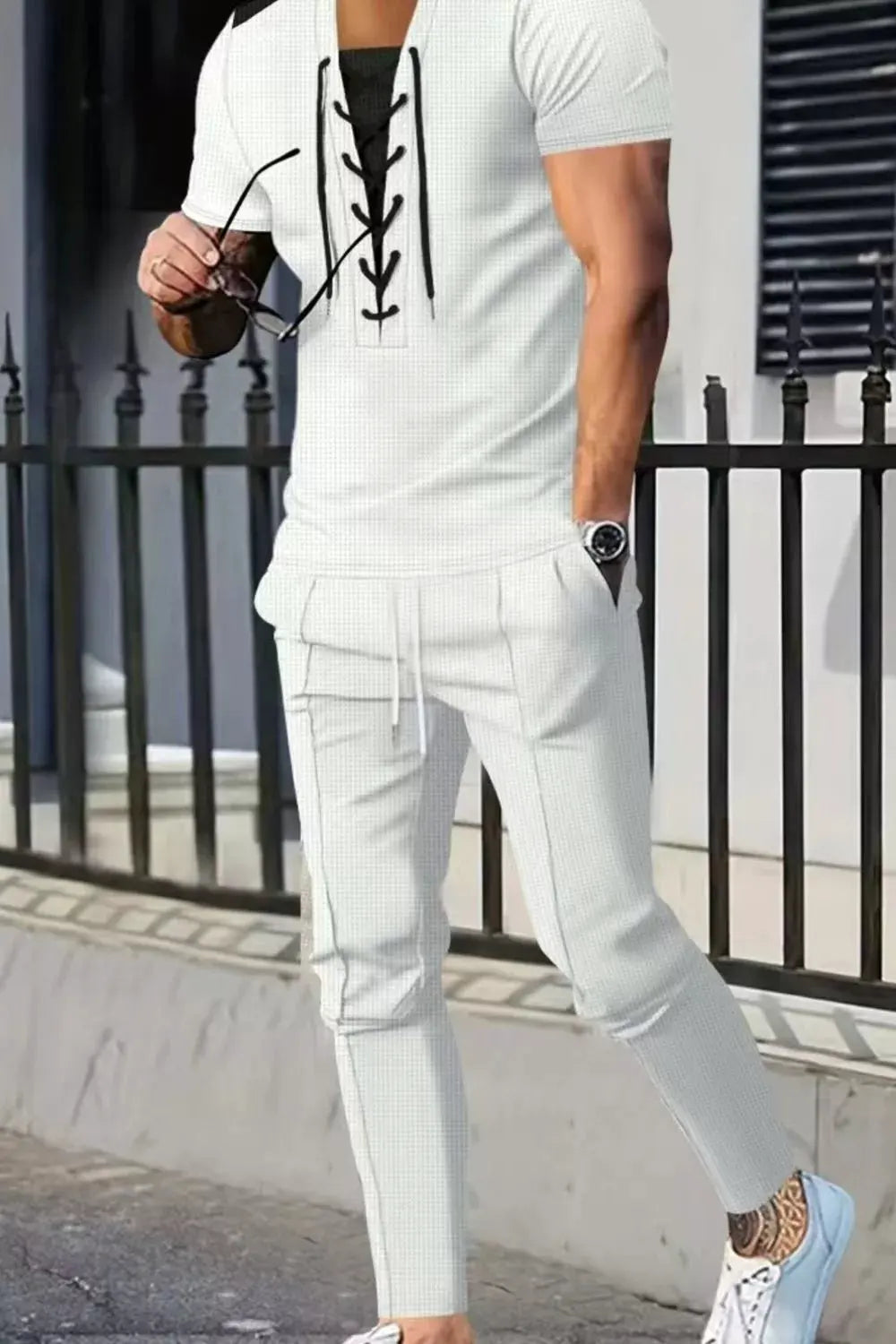 Men's Full Size Lace-Up Front Top and Pants Casual Set Plus Size by Trendsi