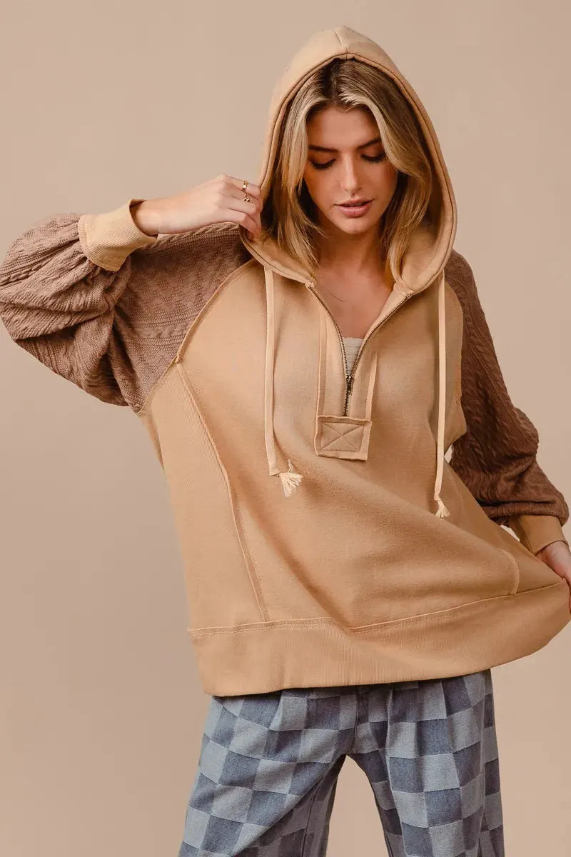 BiBi Half Zip French Terry Hoodie with Kint Sleeves by BiBi