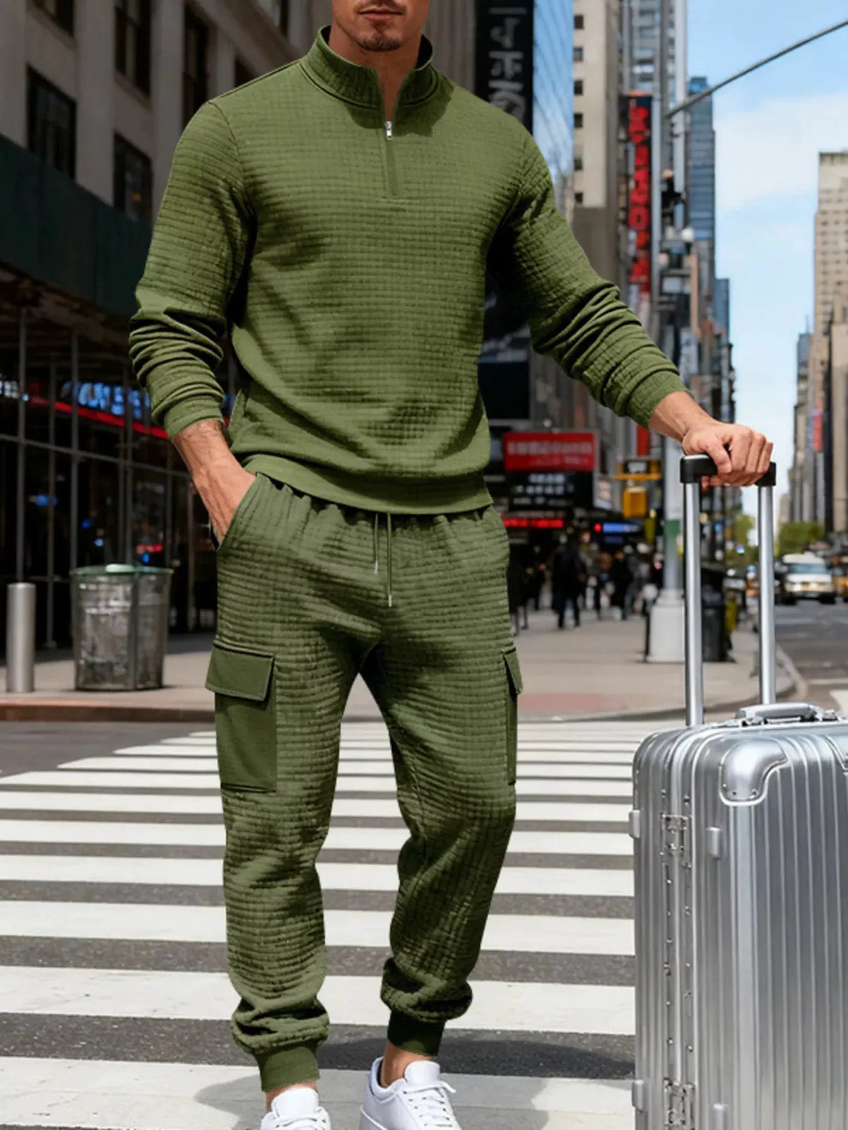 Men's Full Size Quarter-Zip Top and Cargo Joggers Set Plus Size by Trendsi