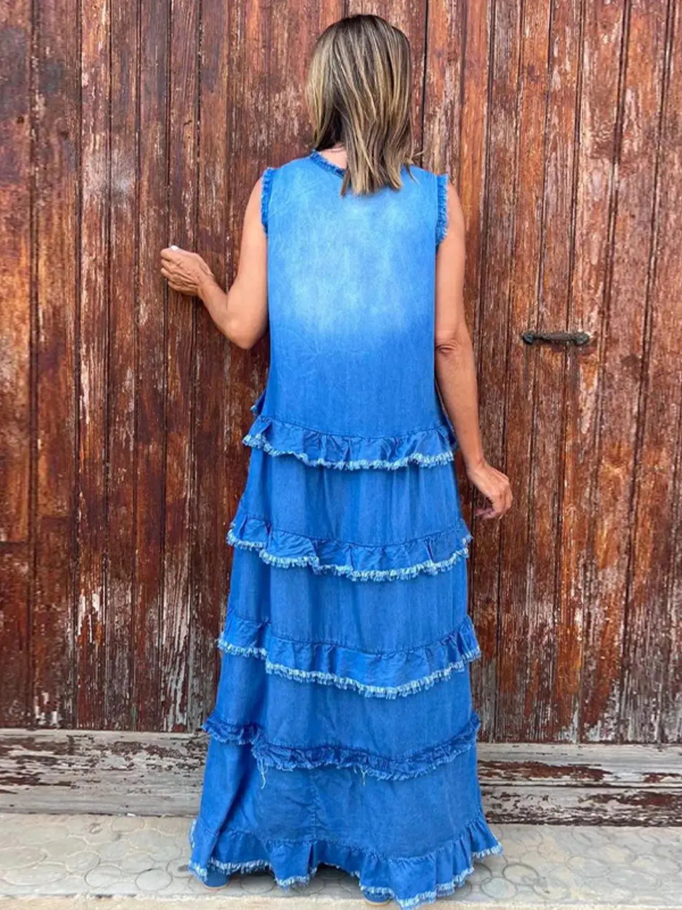 Raw Hem Layered Denim Maxi Dress by Partner Label