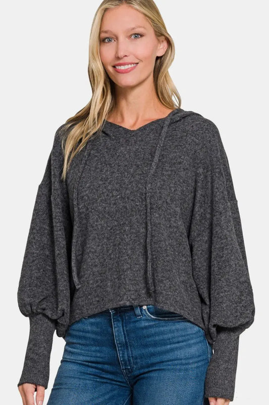 Zenana Brushed Hacci Drop Shoulder Cropped Hoodie by Zenana