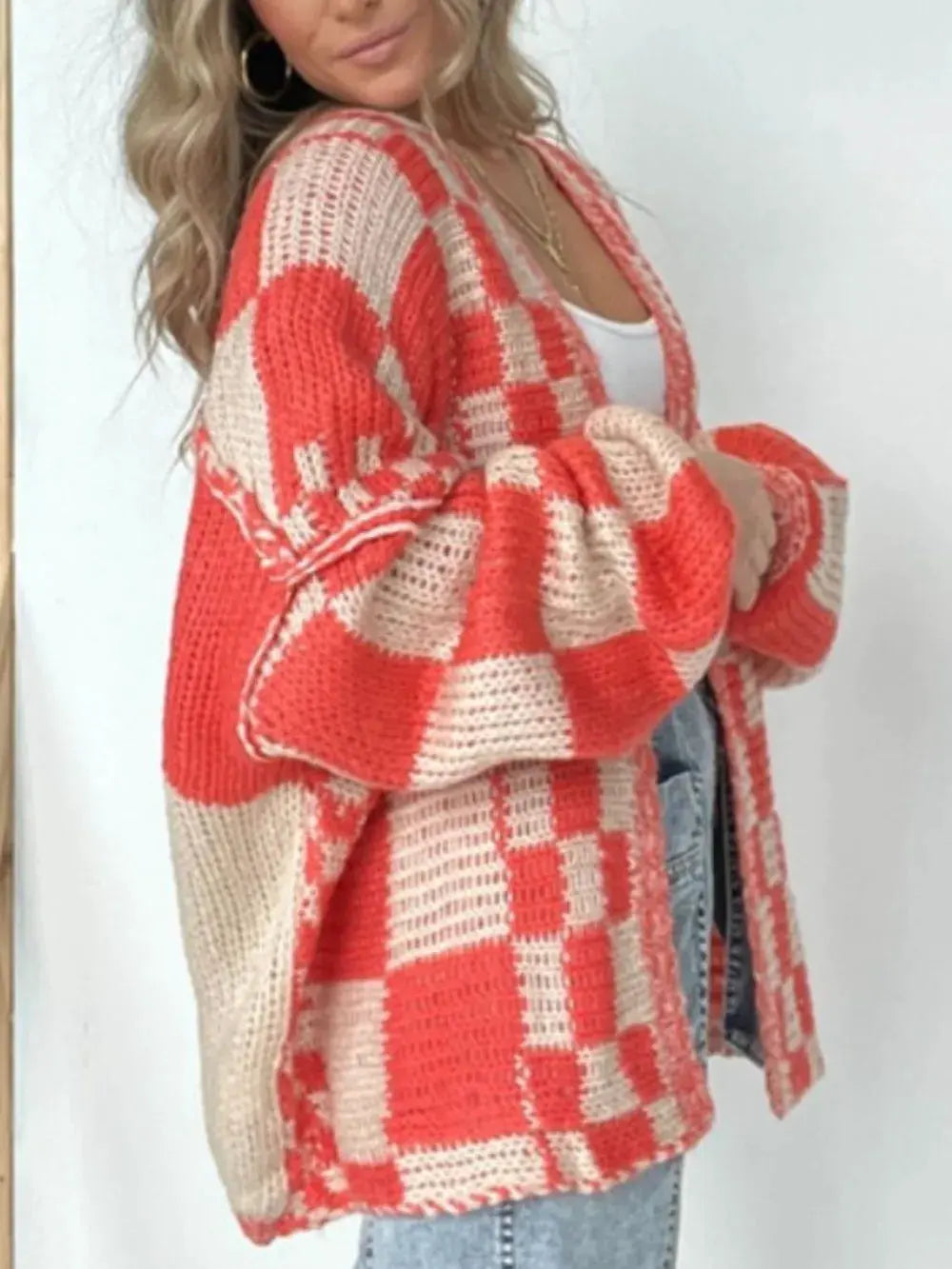Plaid Open Front Long Sleeve Cardigan by Partner Label