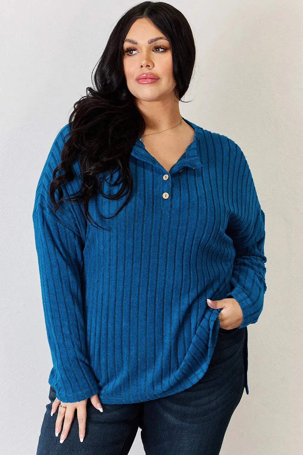Basic Bae Full Size Ribbed Half Button Long Sleeve High-Low T-Shirt by Basic Bae