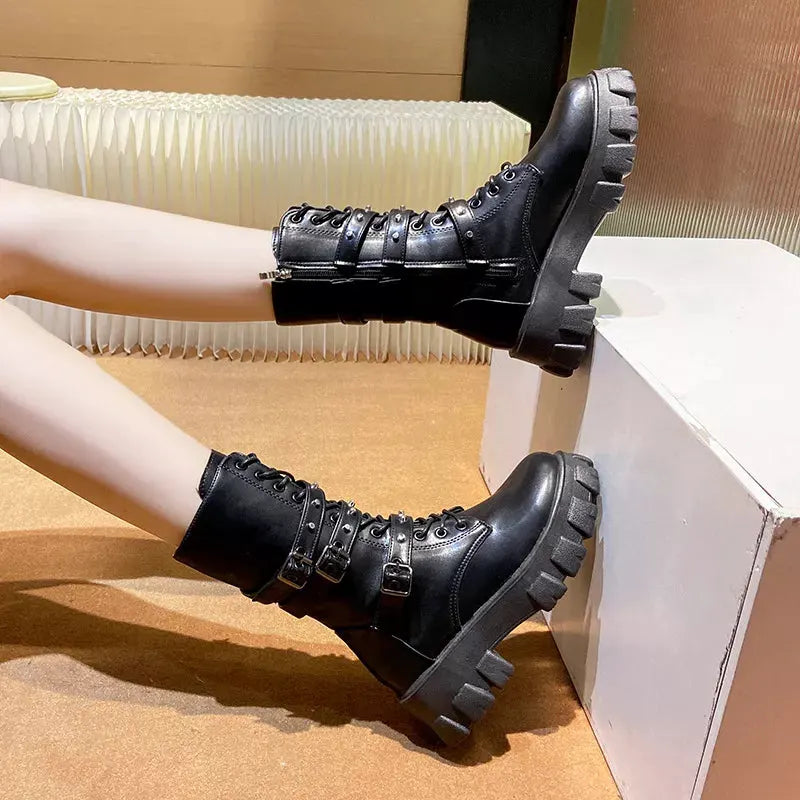 Buckled Lace-Up Combat Boots by Partner Label