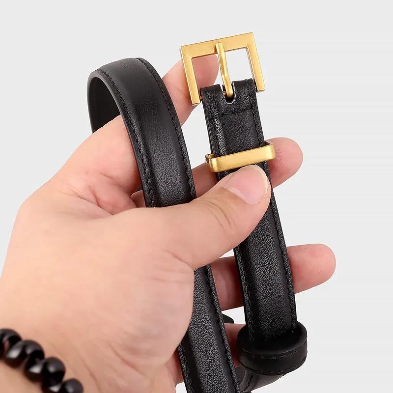 Leather Skinny Belt with Golden Buckle by Trendsi