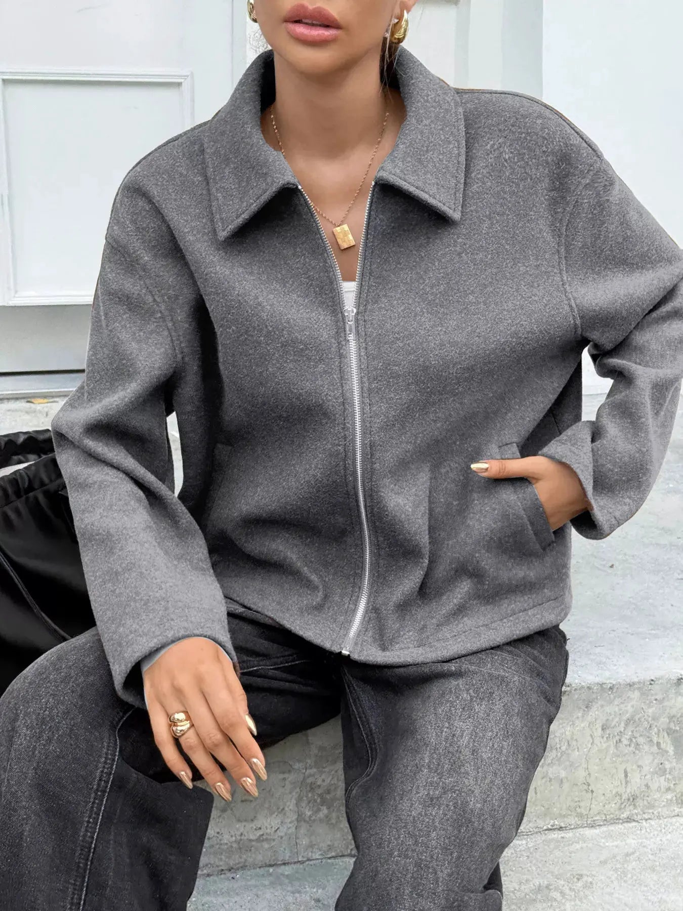 Zip-Up Dropped Shoulder Jacket by Partner Label