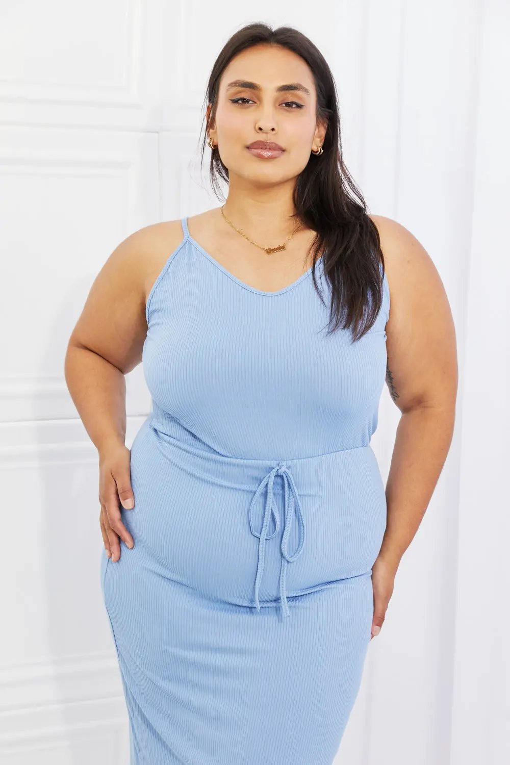 Capella Flatter Me Full Size Ribbed Front Tie Midi Dress in Pastel Blue by Capella