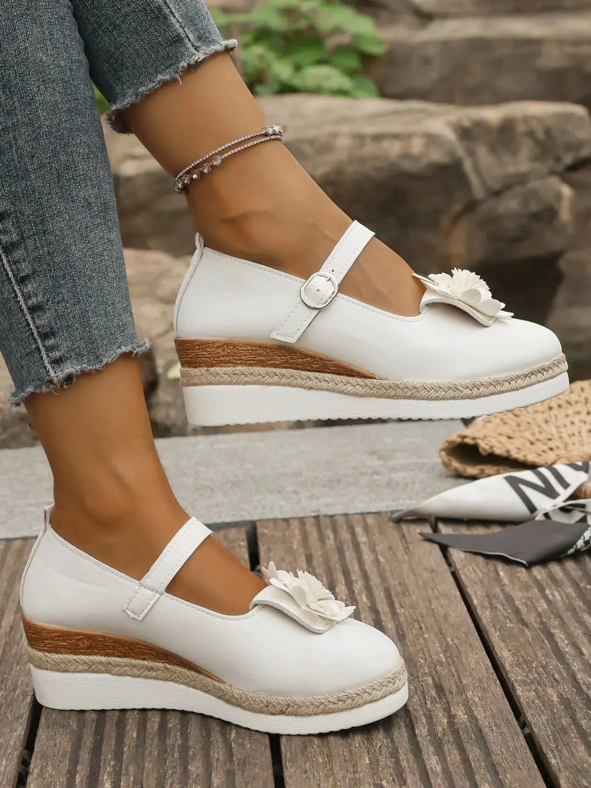 Flower Embellished Mary Jane Loafers by Partner Label