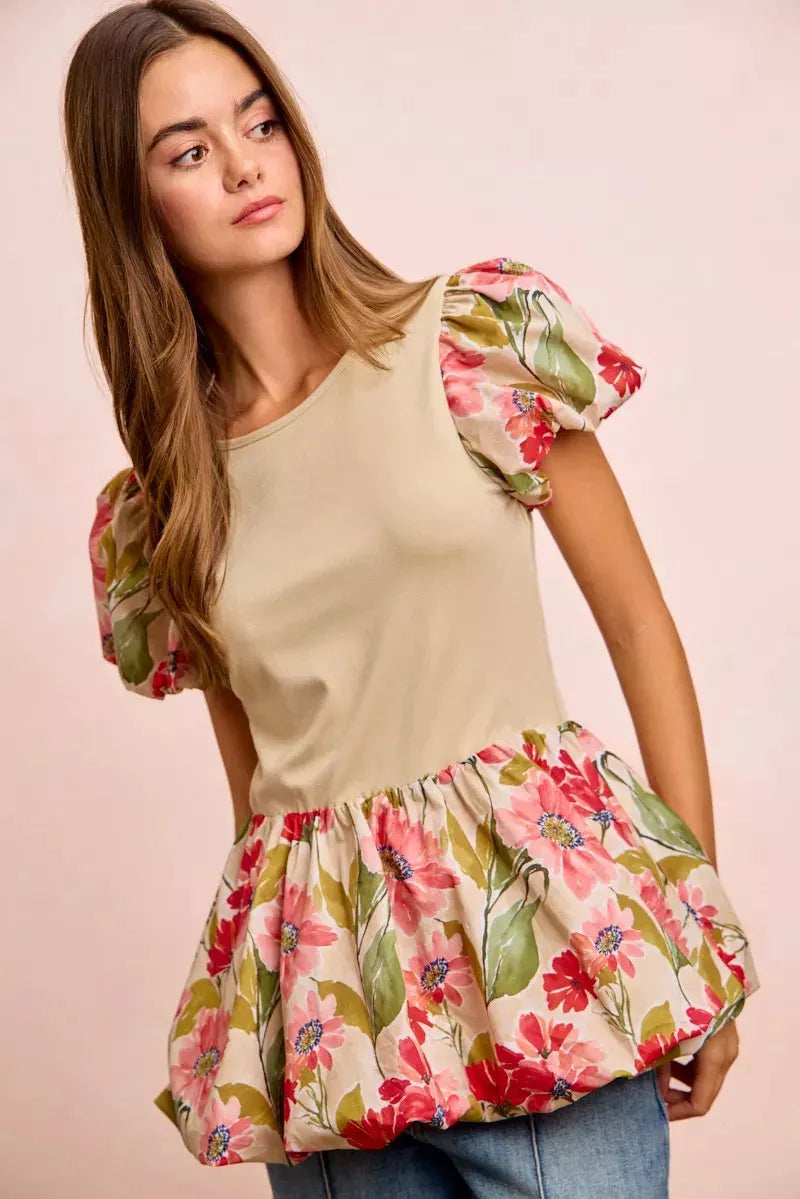 BiBi Floral Printed Bubble Sleeves and Hem Peplum Top by BiBi