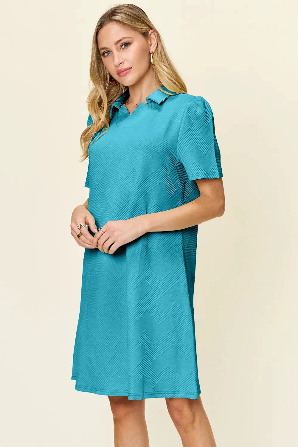 Double Take Full Size Texture Collared Neck Short Sleeve Dress by Double Take