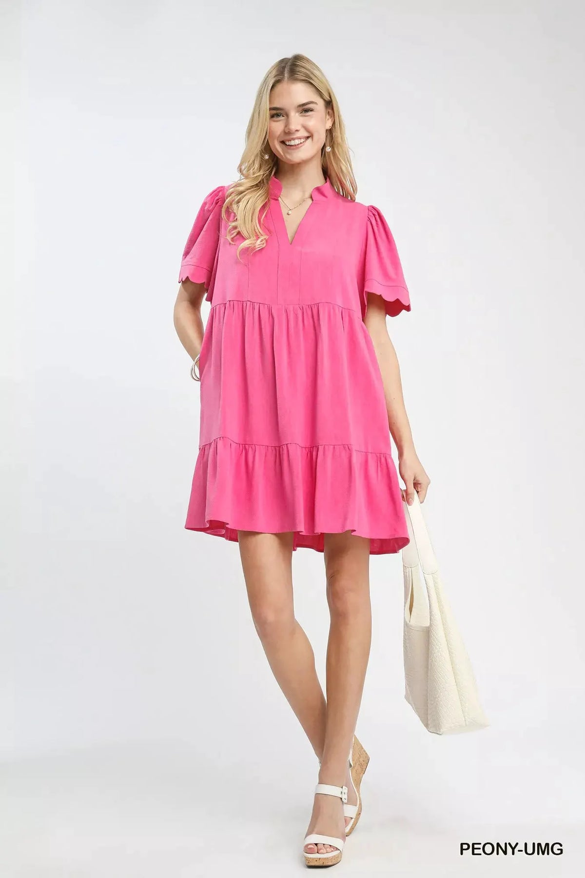 Umgee Linen Tiered Babydoll Dress with Scalloped Sleeves by Umgee