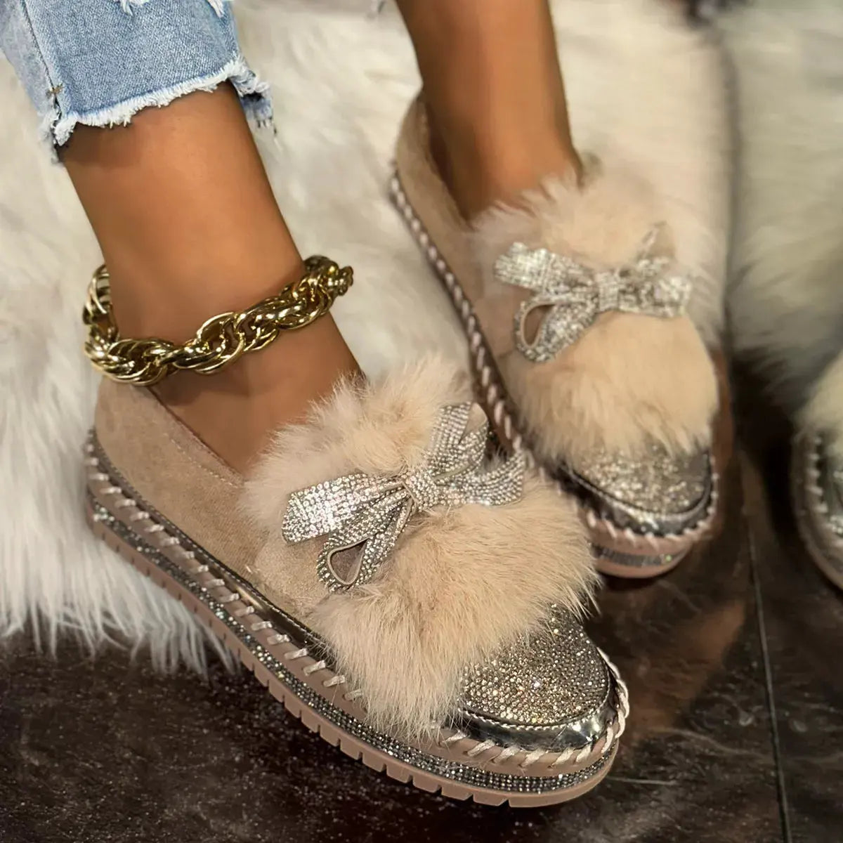 Fuzzy Bowknot Rhinestone Platform Loafers by Partner Label