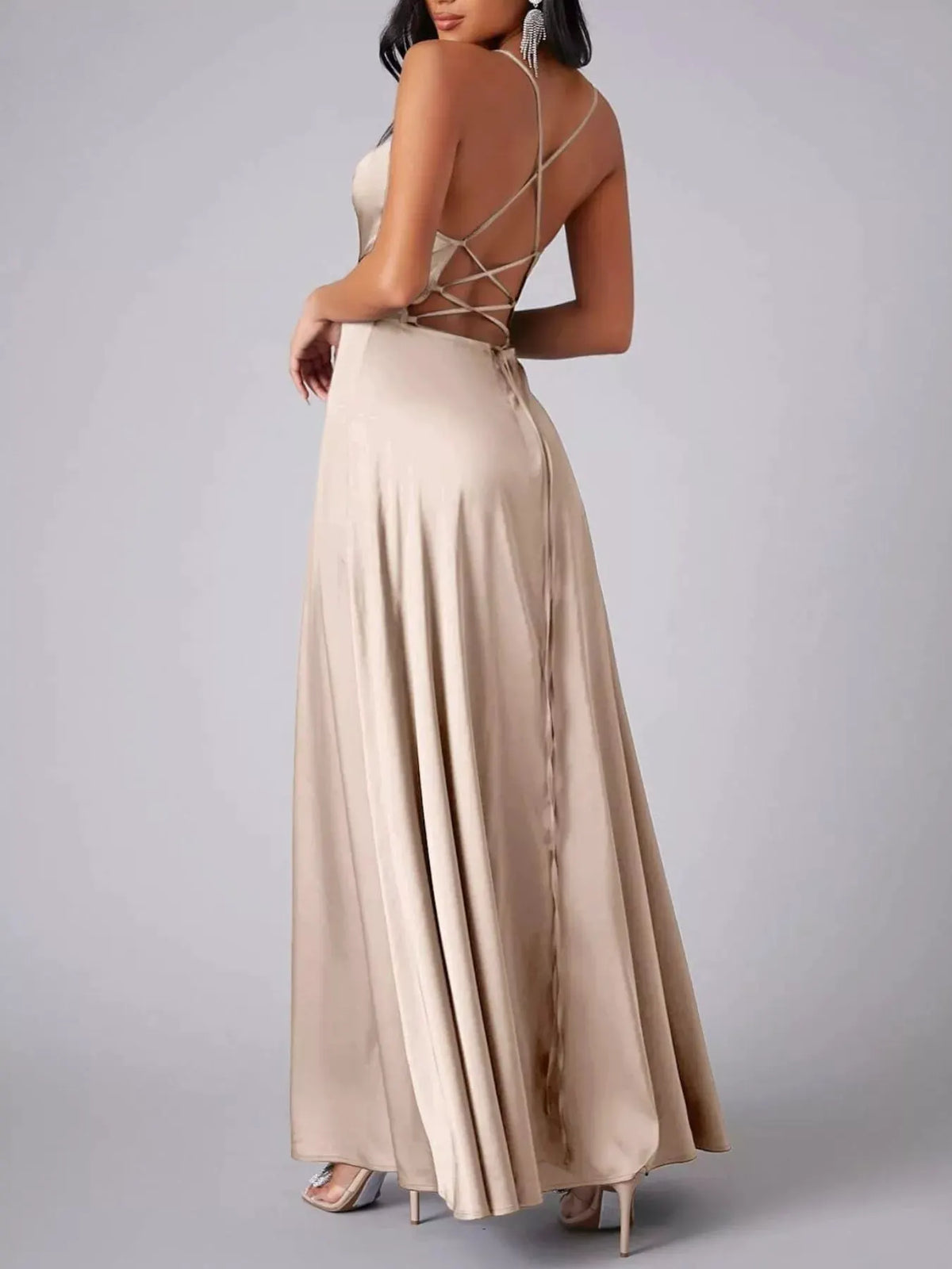 Lace Up Back Split Maxi Dress by Partner Label