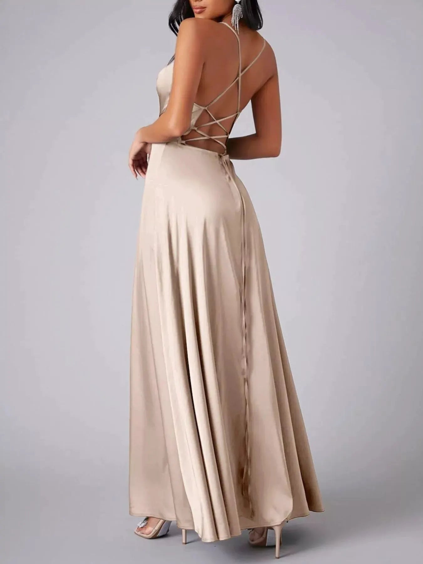 Lace Up Back Split Maxi Dress by Partner Label