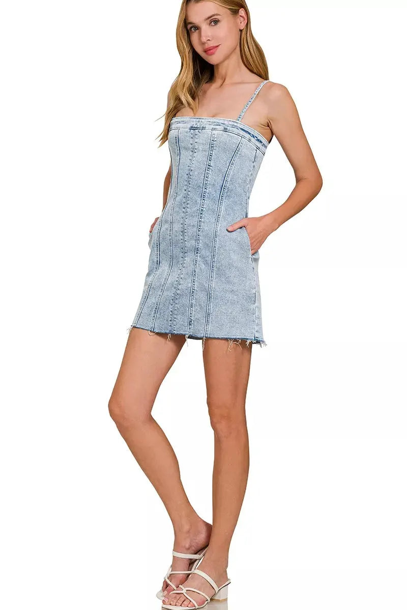 Zenana Spaghetti Strap Exposed Seam Light-Wash Dress by Zenana