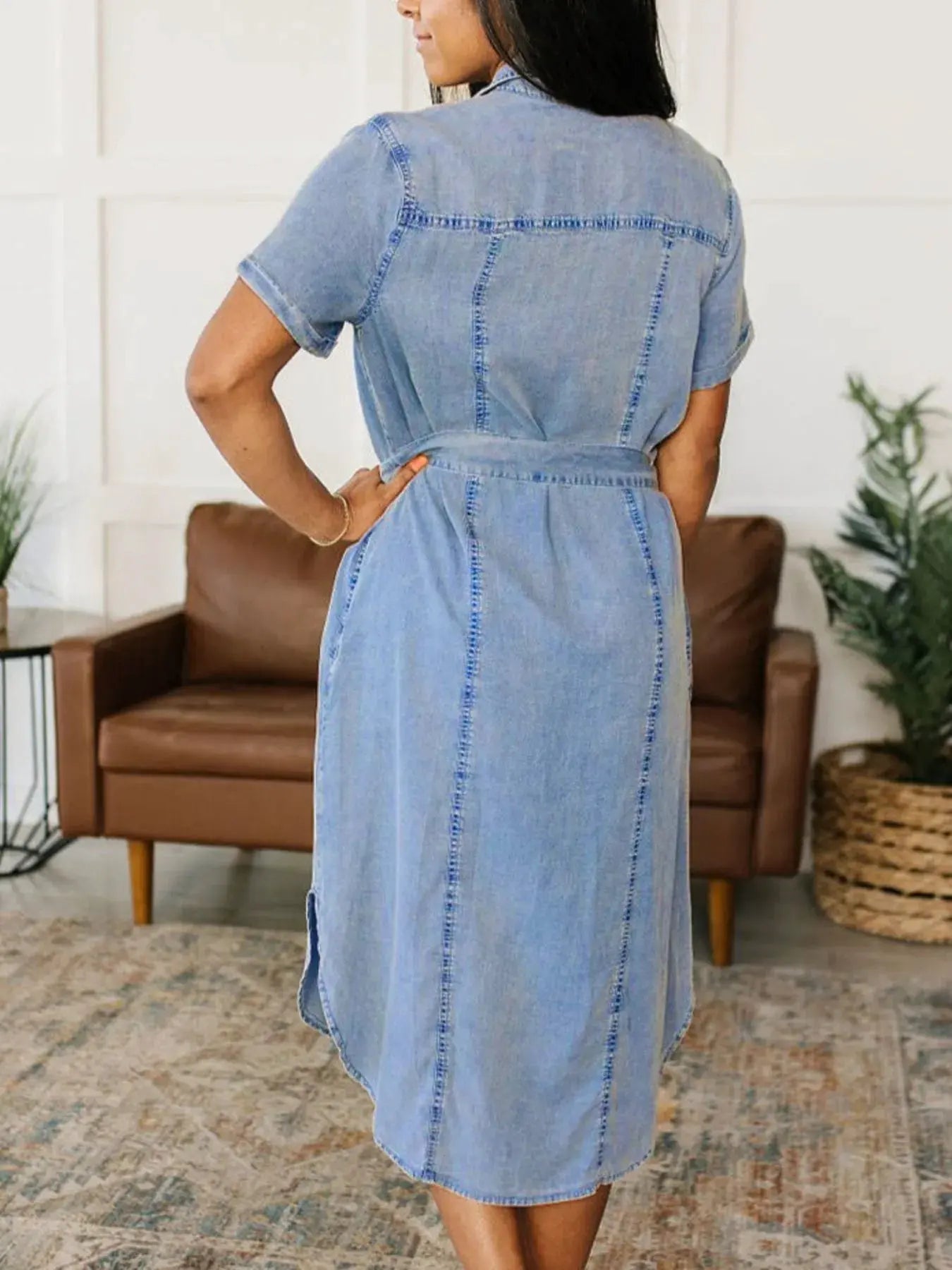 Button Front Short Sleeve Denim Dress by Partner Label