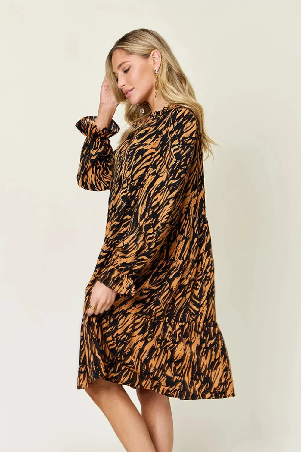 Double Take Full Size Printed Ruffle Hem Long Sleeve Dress by Double Take