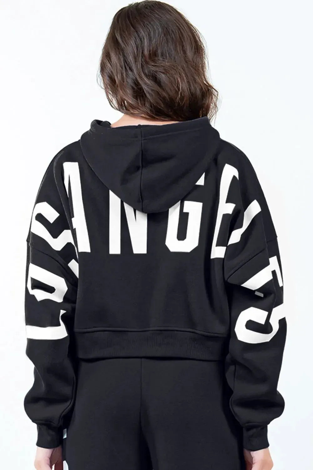 American Bazi Letter Graphic Long Sleeve Drawstring Cropped Hoodie by American Bazi