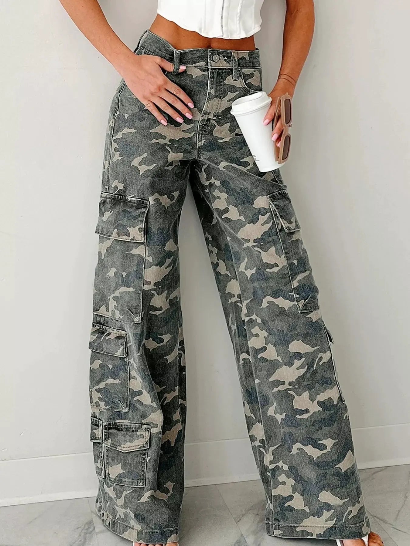 Camo Print Wide Leg Cargo Jeans by Partner Label