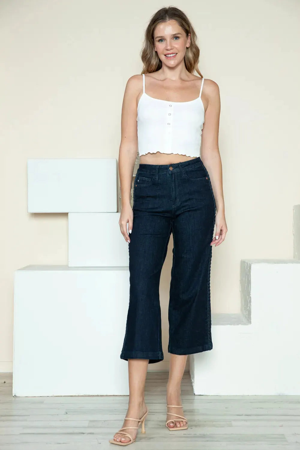 Judy Blue Full Size Side Seam Braid Detail Crop Wide Leg Jeans by Judy Blue