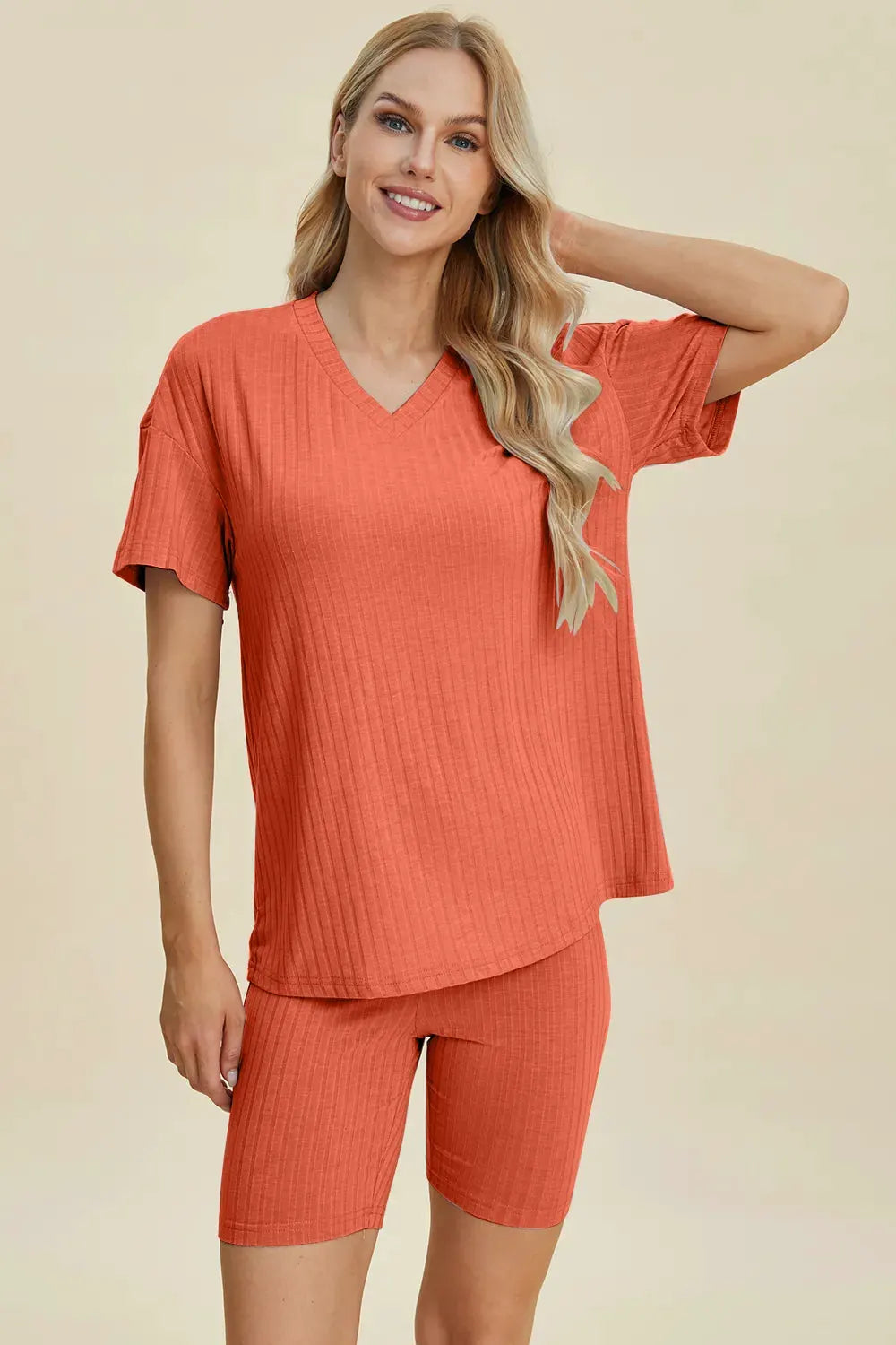 Basic Bae Full Size Ribbed V-Neck Short Sleeve Top and Shorts Set by Basic Bae