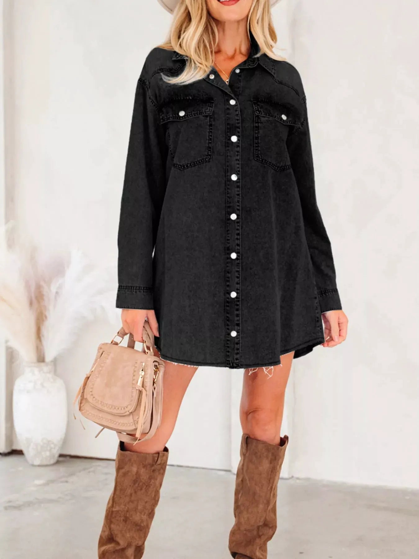 Chest Pocket Raw Hem Denim Loose Shirt Dress by Partner Label