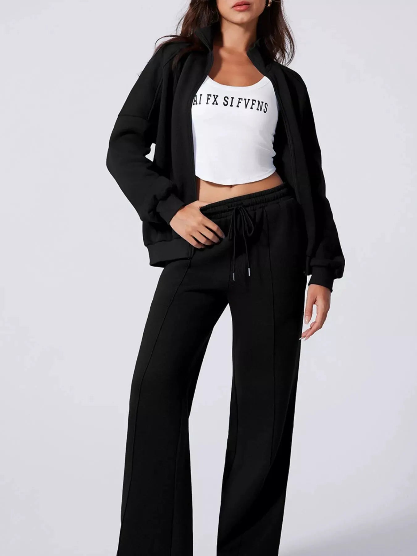 Drop Shoulder Zip Up Jacket and Drawstring Pants Active 2pcs Set by Partner Label