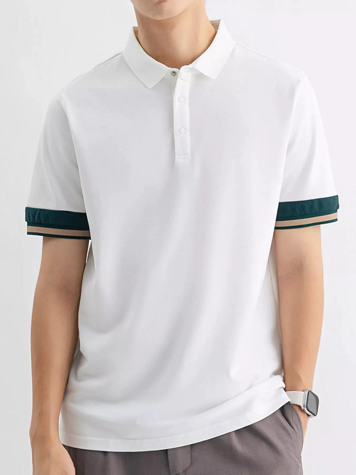 Men's Plus Size Button Detail Striped Cuff Polo by Trendsi