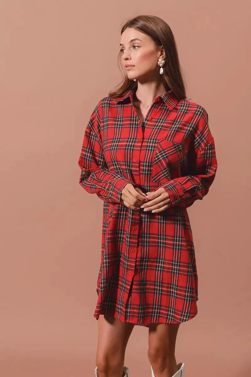 SO ME Christmas Checker Plaid Button Up Shirt Dress by SO ME