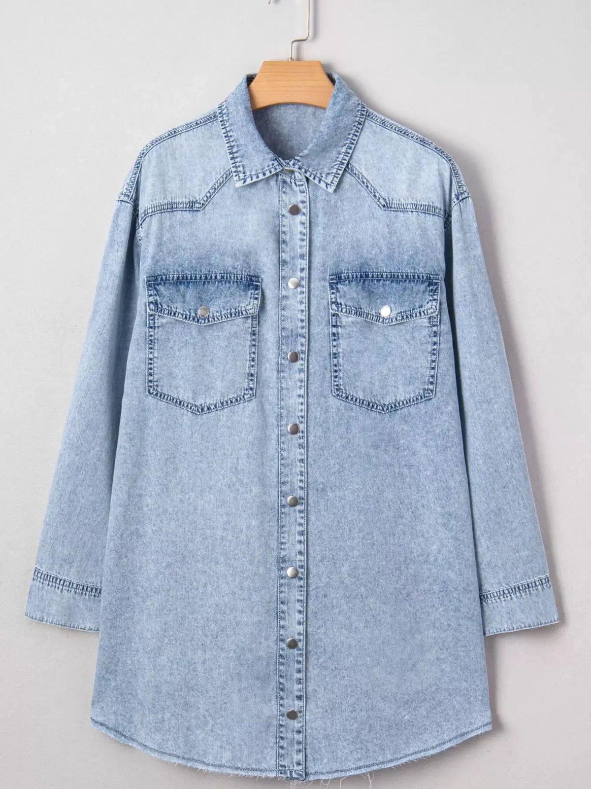 Chest Pocket Raw Hem Denim Loose Shirt Dress by Partner Label